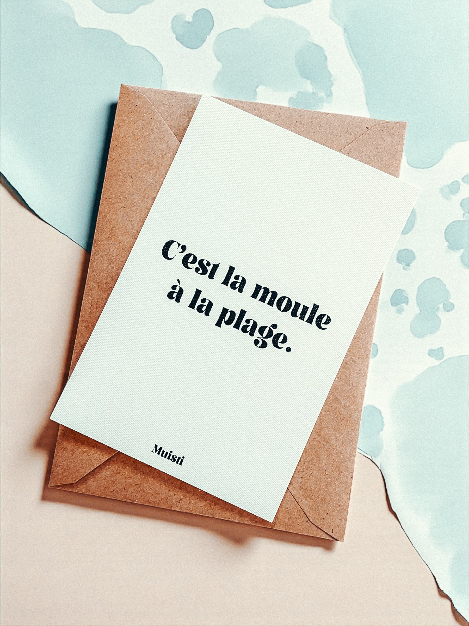 Carte postale à message - C'est la moule à la plage
