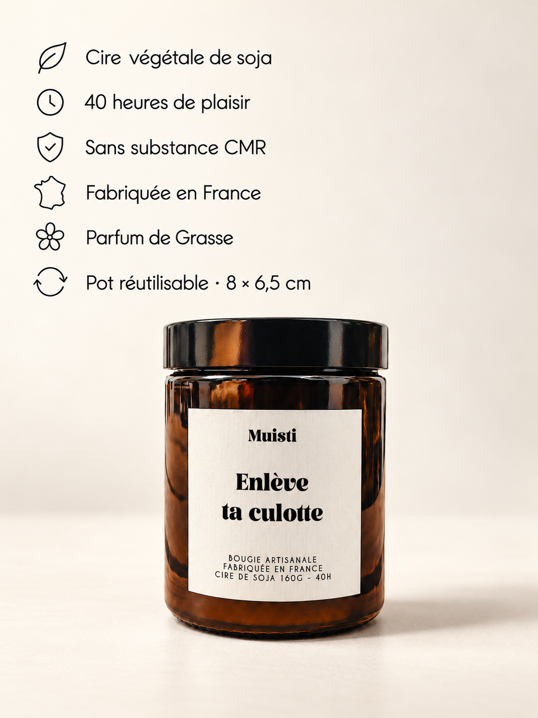 Bougie Muisti « Enlève ta culotte » fermée sur fond ivoire, avec ses points de réassurance.