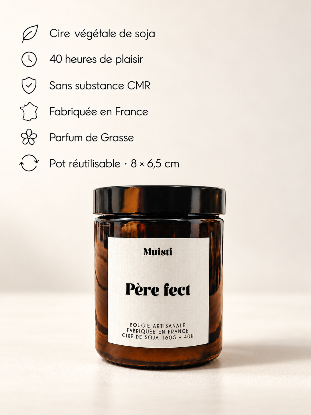 Bougie Muisti « Père fect » fermée sur fond ivoire, avec ses points de réassurance.