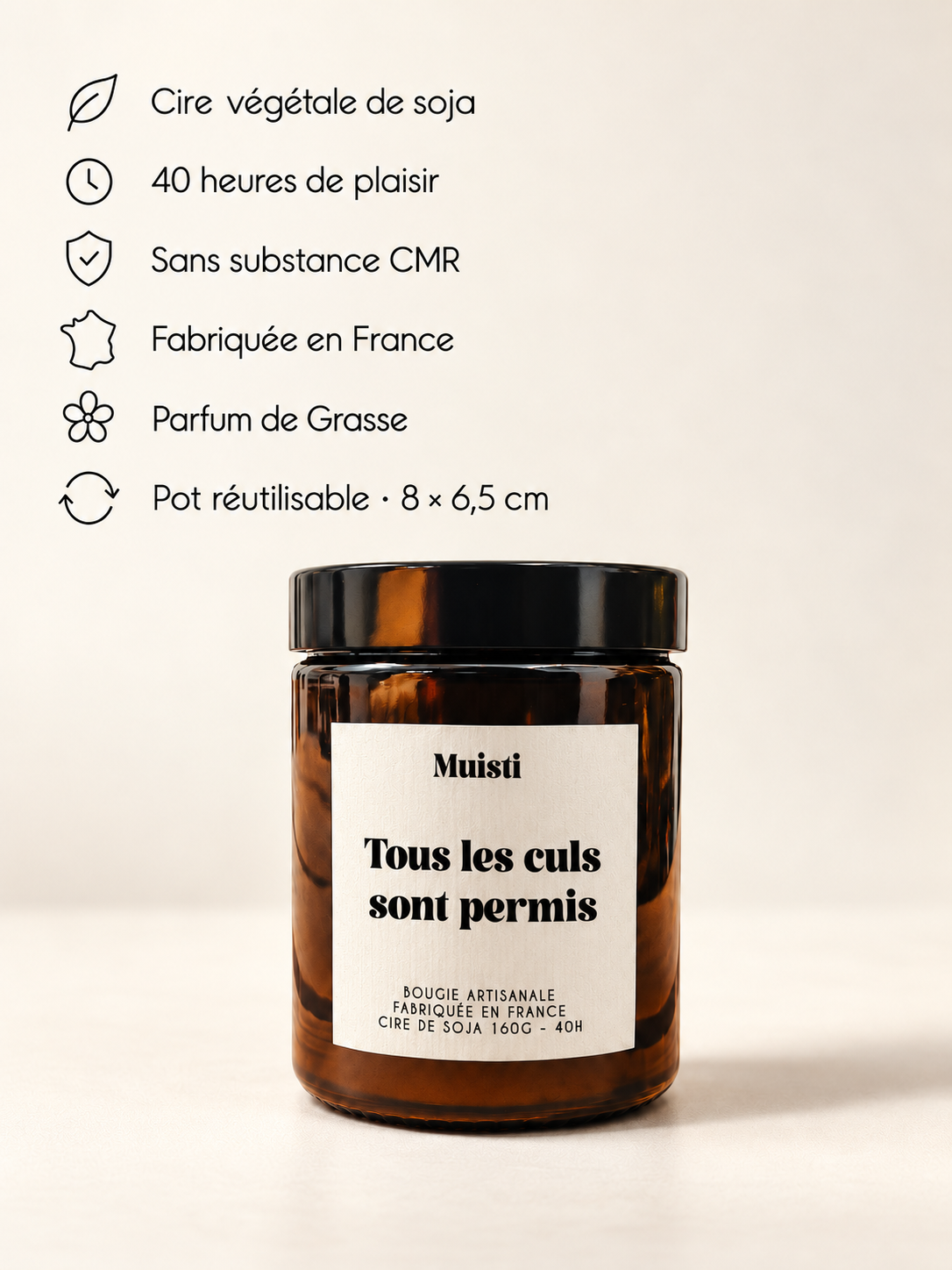 Bougie Muisti « Tous les culs sont permis » fermée sur fond ivoire, avec ses points de réassurance.