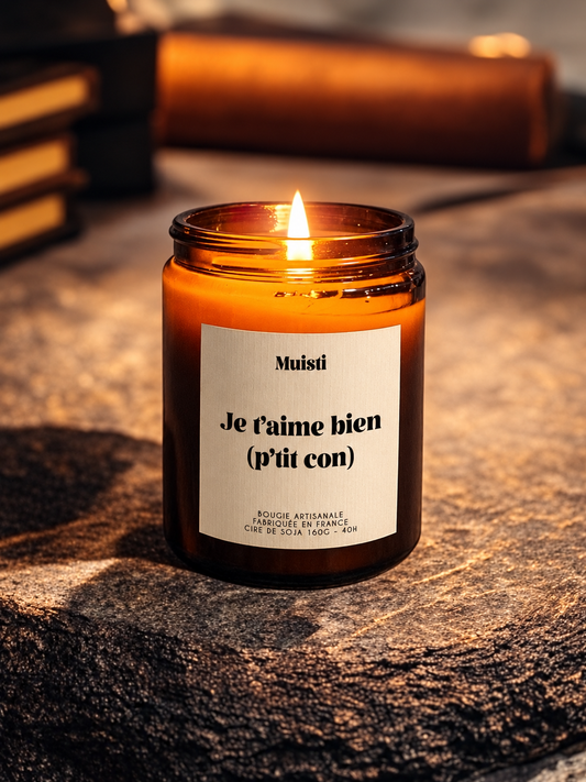 Bougie Muisti « Je t’aime bien (p’tit con) » allumée, en pot ambré sur une pierre sombre, avec des livres en arrière-plan.