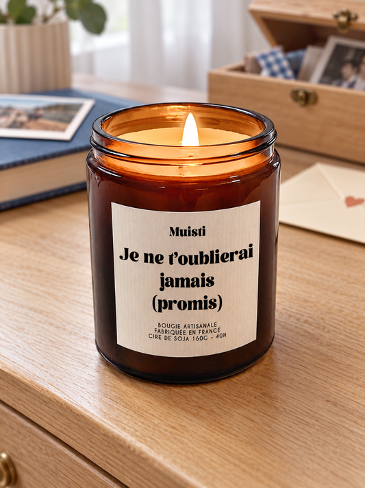 Bougie Muisti « Je t'oublierai jamais (promis) » 160 g allumée dans un intérieur à la lumière douce du jour.