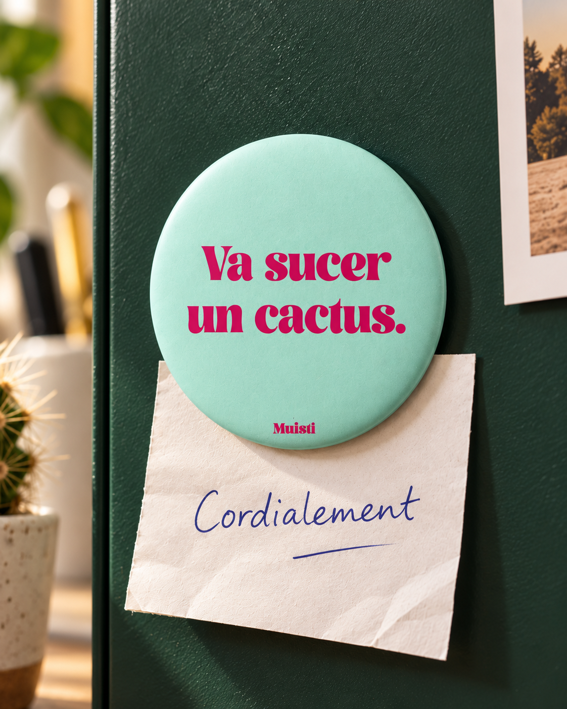 Magnet Muisti « Va sucer un cactus. » tenant un petit mot dans une scène du quotidien.